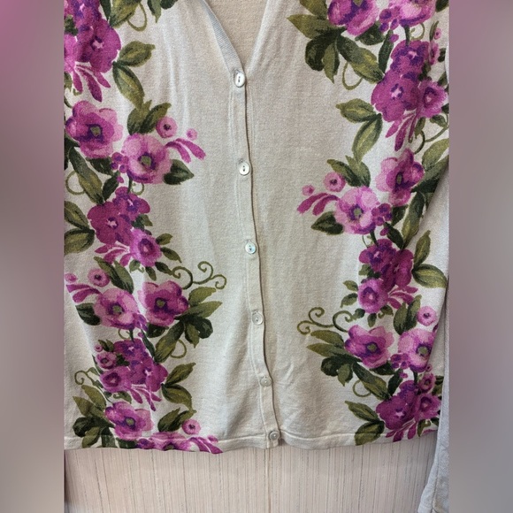 Talbots Vintage Silk Camel Hair blend Cardigan Purple Floral Grandmacore S - Picture 3 of 5